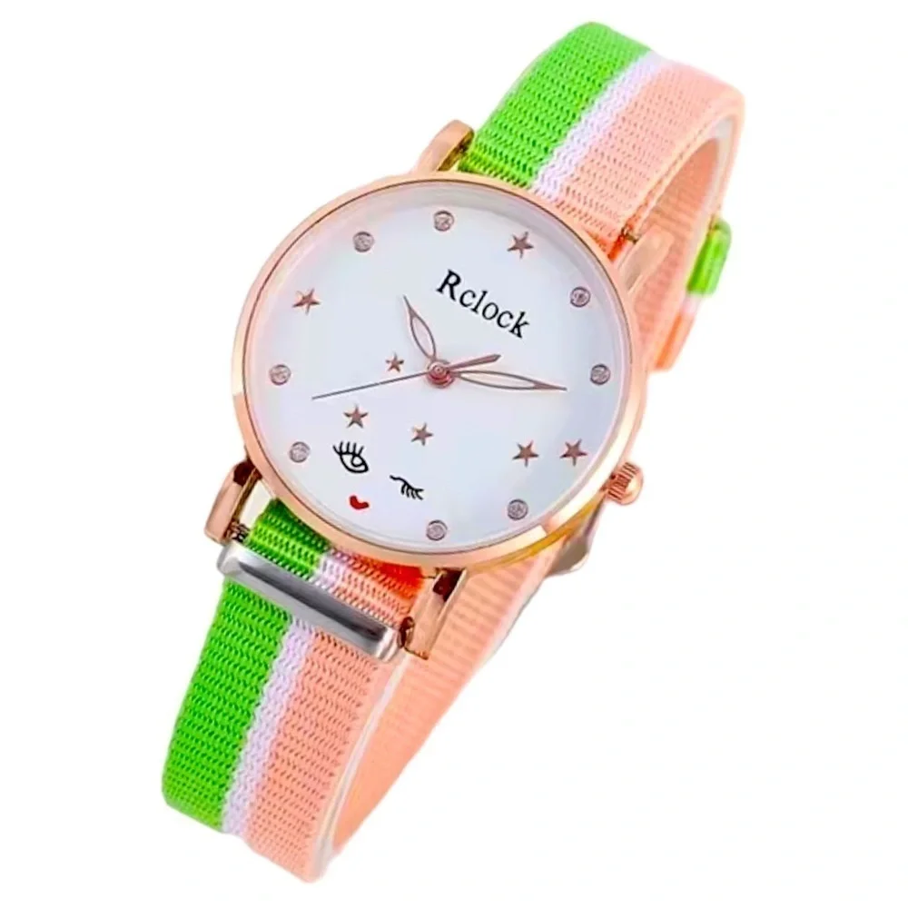 Watch Women’s Analog Round  Preppy Stripe Canvas Buckle Band Green Coral